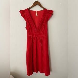 Bright red cotton and silk Anthropologie v-neck dress - small